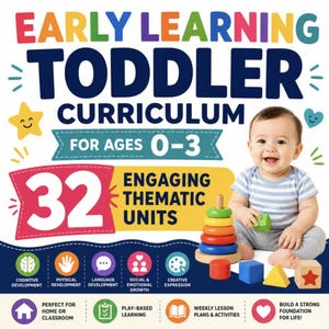 May include: An educational resource titled Early Learning Toddler Curriculum for Ages 0-3, featuring 32 engaging thematic units. The cover displays a smiling infant playing with colorful wooden stacking rings and blocks, alongside icons for development.
