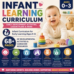May include: An educational curriculum guide for infants aged 0-3, featuring the title Infant Learning Curriculum, 68+ pages of activities, and sections on health, home learning, massage, toys, sign language, and lesson plans with colorful icons.