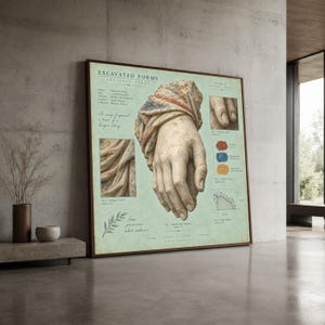 Può includere: Una stampa artistica da parete incorniciata intitolata EXCAVATED FORMS ARTIFACT STUDY che presenta un'illustrazione centrale di una mano in pietra con tessuto drappeggiato. La stampa include testo dettagliato, immagini inserite e campioni di colore.