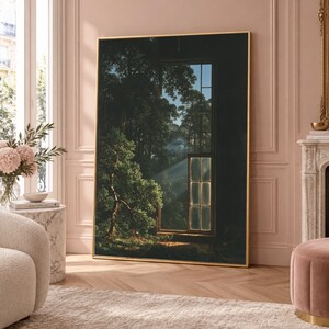 Canvas met uitzicht op het bos door een open raam, muurdecoratie met zonnestralen, natuurlandschap, bosachtige woondecoratie, rustgevend uitzicht vanuit het raam