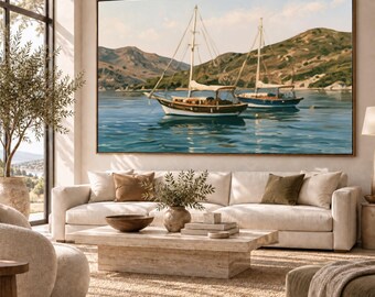 Coastal Sailboats at Sunset Canvas, Seaside Landscape Wall Art, Nautical Home Decoration