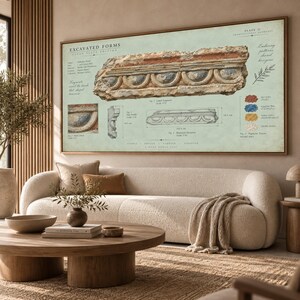 Könnte beinhalten: Ein großes rechteckiges Wandbild mit dem Titel Excavated Forms, das eine detaillierte Illustration eines antiken architektonischen Steinfragments mit Bogenverzierungen, technischen Diagrammen, Maßen in cm und Farbpigmentproben zeigt.