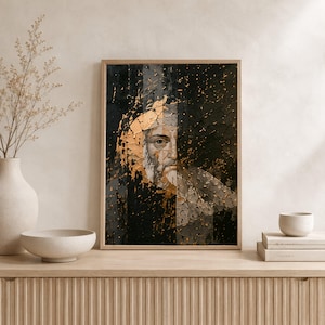May include: A rectangular framed wall art piece featuring a textured oil painting of a bearded figure. The composition uses a dark black background contrasted with thick, impasto-style gold paint strokes that highlight the face and beard.