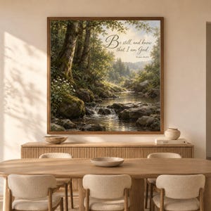 Op de afbeelding: Een vierkante wandkunstprint met een weelderig boslandschap met een stromende beek, bemoste rotsen en hoge bomen. De tekst "Be still, and know that I am God. Psalm 46:10" staat in elegant zwart schrift in het midden bovenaan de afbeelding.