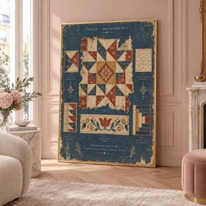 Könnte beinhalten: Ein gerahmter Wandkunstdruck mit dem Titel American Quilt No. 1 auf dunkelblauem Hintergrund, der eine zentrale Steppdeckenillustration mit Sternmuster in Rot, Weiß und Gold sowie kleine Diagramme von Stepptechniken zeigt.