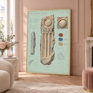 Könnte beinhalten: Ein gerahmtes Lehrplakat mit dem Titel Excavated Forms Artifact Study auf hellgrünem Hintergrund. Es zeigt eine zentrale Abbildung eines Steinfragments, Detailansichten, Pigmentproben und Beschriftungen im Stil der klassischen Antike.