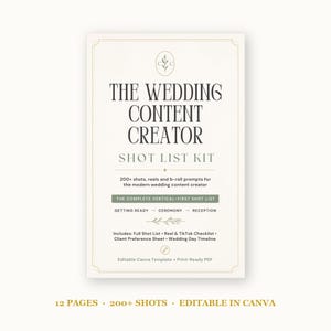May include: A digital document titled The Wedding Content Creator Shot List Kit, featuring 200+ shots, reels, and b-roll prompts. The white page includes green accents, text detailing the content, and notes that it is an editable Canva template.
