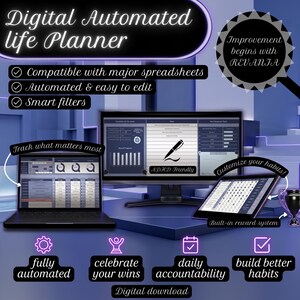 Może przedstawiać: Cyfrowy zautomatyzowany planer życia wyświetlany na monitorze komputera, laptopie i tablecie. Interfejs zawiera wykresy, śledzenie nawyków oraz tekst, w tym Digital Automated life Planner oraz napis Improvement begins with REVANJA.
