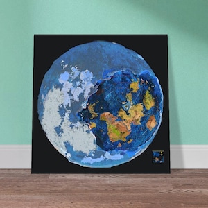 May include: A square wall art piece featuring a circular, textured map illustration on a black background. The map displays blue oceans, tan landmasses, and light grey cloud-like formations. A small legend is visible in the bottom right corner.
