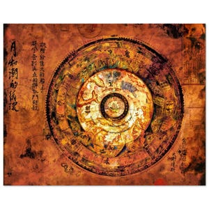 Puede incluir: Un mapa circular de estilo papel envejecido con anillos concéntricos que presentan ilustraciones intrincadas de criaturas míticas, símbolos celestiales y caligrafía china. El diseño utiliza tonos sepia cálidos.