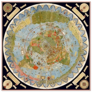 Puede incluir: Un mapa circular del mundo que presenta una masa terrestre central rodeada por océanos azules, encerrado dentro de un borde festoneado. El mapa muestra detalles cartográficos intrincados, incluyendo regiones terrestres en verde, rojo y beige.
