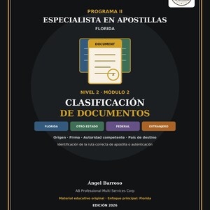 May include: A black educational flyer titled PROYECTO DE FORMACIÓN PROFESIONAL NOTARIAL, PROGRAMA II, ESPECIALISTA EN APOSTILLAS, FLORIDA, NIVEL 2, MÓDULO 2, CLASIFICACIÓN DE DOCUMENTOS. It features a document icon, color-coded buttons, and contact info.