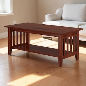May include: A rectangular coffee table made of dark reddish-brown wood. The table features a flat top surface, four straight legs, and a lower shelf. The sides of the table are constructed with vertical wooden slats connecting the top to the shelf.