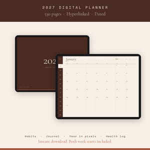 Pode incluir: Uma agenda digital 2027 com 530 páginas, com hiperlinks e datada. O ecrã mostra uma capa castanho-escura com o texto 2027 DIGITAL PLANNER e uma página de calendário mensal creme para janeiro com uma barra lateral castanho-escura.