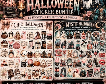 May include: A digital sticker bundle featuring 80 Halloween-themed designs across two collections, Chic Halloween and Mystic Halloween. The graphics include pumpkins, ghosts, skulls, candles, and text elements, presented as printable PNG files.