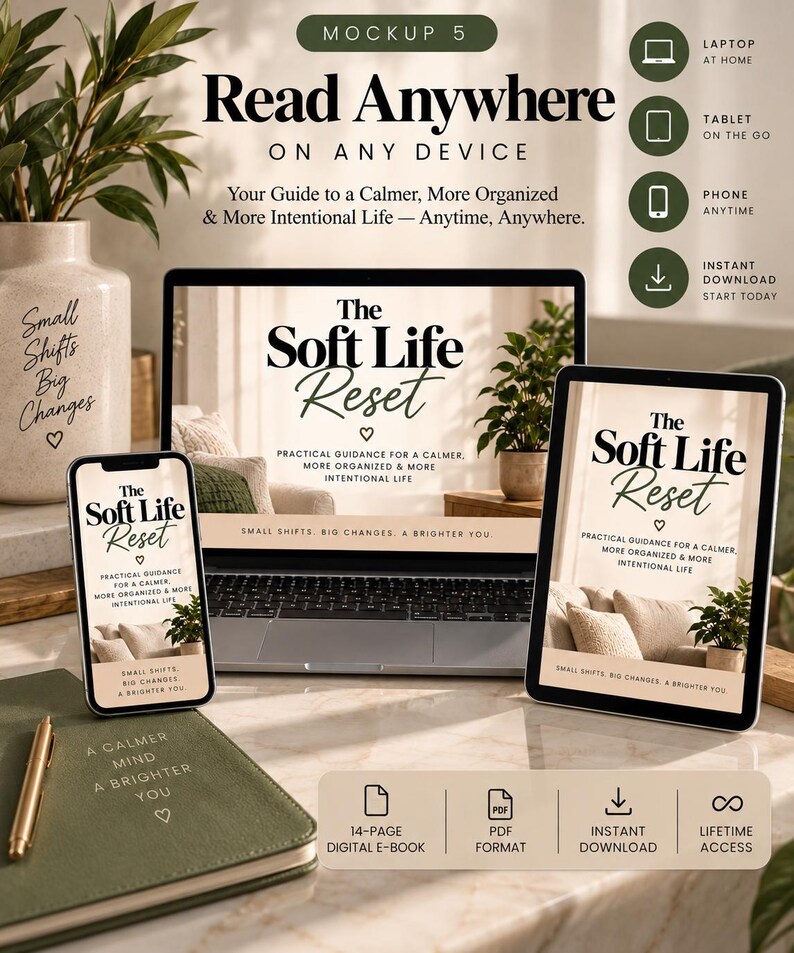 May include: A digital product mockup featuring The Soft Life Reset e-book displayed on a laptop, tablet, and smartphone. The screens show the title, subtitle, and a heart icon. A green notebook with the text A Calmer Mind A Brighter You is included.