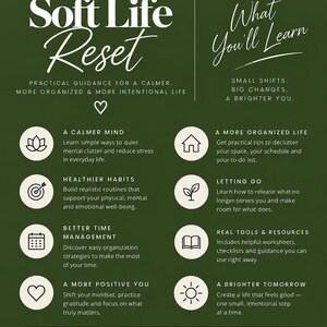 May include: A dark green informational graphic titled The Soft Life Reset. It lists eight sections with icons: A Calmer Mind, Healthier Habits, Better Time Management, A More Positive You, A More Organized Life, Letting Go, Real Tools & Resources, and A Brighter Tomorrow.