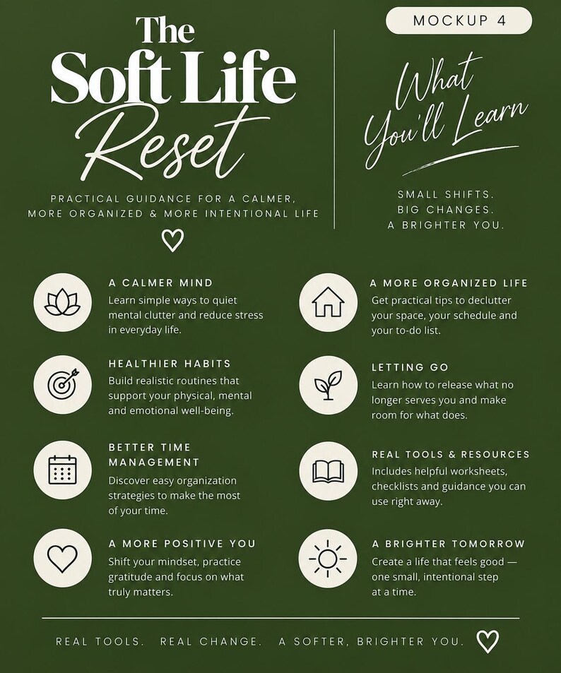 May include: A dark green informational graphic titled The Soft Life Reset. It lists eight sections with icons: A Calmer Mind, Healthier Habits, Better Time Management, A More Positive You, A More Organized Life, Letting Go, Real Tools & Resources, and A Brighter Tomorrow.