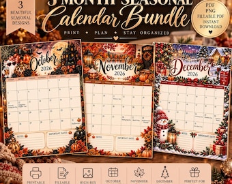 May include: A 3-month seasonal calendar bundle for 2026 featuring October, November, and December designs. The October page displays a Halloween theme, November shows an autumn harvest scene, and December depicts a festive winter holiday setting.