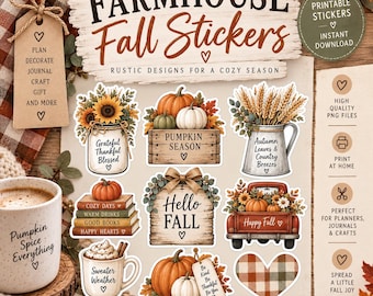 May include: A collection of printable fall-themed stickers featuring pumpkins, sunflowers, wheat, a red truck, and mugs with text like Grateful Thankful Blessed, Pumpkin Season, Autumn Leaves & Country Breezes, Hello Fall, and Sweater Weather.