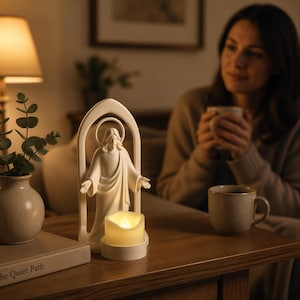 May include: A white resin figurine of a figure with a halo standing within an arched frame, featuring a circular base that holds a small, battery-operated LED pillar candle with a warm, glowing flame effect, creating a soft, ambient light.