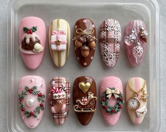 Pastel Christmas Press on Nails, 3D Pudding Gift Box Wreath Gel Nails, Pink Mocha Plaid Acorn Sleigh Almond False Nails Coquette Xmas Set