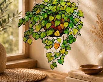 Stained Glass Ivy Suncatcher, Hanging Plant Window Decor, Green Leaf Glass Art, Rustic Home Decor, Nature Gift for Her