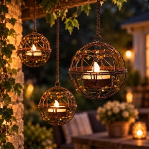 Peut inclure: Trois bougeoirs suspendus sphériques en treillis métallique brun foncé avec de petites perles ambrées intégrées à la structure. Chaque sphère contient une bougie chauffe-plat blanche et est suspendue par une chaîne en métal assortie.