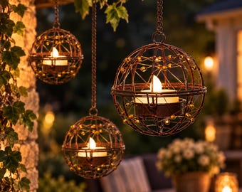 May include: Three spherical hanging candle holders made of dark brown wire mesh with small amber-coloured beads integrated into the structure. Each orb contains a white tea light candle and is suspended by a matching dark brown metal chain.