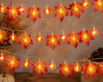 Slinger met esdoornbladeren in herfstthema, herfstlichtjes, rustieke herfstdecoratie, Thanksgiving-slinger, herfstdecoratie in boerderijstijl, Halloween-verlichting