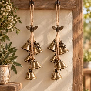 May include: Two hanging wind chimes featuring antique brass-colored metal bells suspended by jute twine. Each chime is topped with a metal bee ornament and includes decorative accents such as a sun emblem and a skeleton key charm attached to the bells.