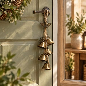 Op de afbeelding: Een decoratief hangend ornament met vijf messingkleurige metalen bellen, opgehangen aan jute touw aan een metalen bijvormige houder. Het geheel bevat een kleine ronde bedel en een sleutelvormige bedel aan de touwtjes.
