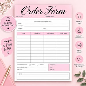 Puede incluir: Una plantilla de formulario de pedido imprimible en rosa y blanco con secciones para información del cliente, listas con columnas de cantidad, precio unitario y precio total, casillas de pago y una sección de notas con el texto Order Form.
