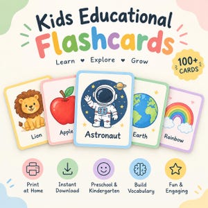 Puede incluir: Un conjunto de tarjetas educativas para niños con ilustraciones coloridas de un león, una manzana, un astronauta, la Tierra y un arcoíris. Las tarjetas incluyen etiquetas de texto y el set contiene más de 100 tarjetas. Iconos indican descarga.