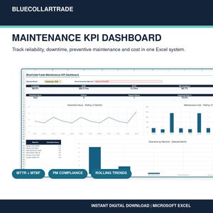 May include: A digital Maintenance KPI Dashboard for Microsoft Excel by BlueCollarTrade. The interface displays metrics including availability, MTBF, MTTR, PM compliance, and maintenance costs, featuring line and bar charts for rolling 12-month trends.