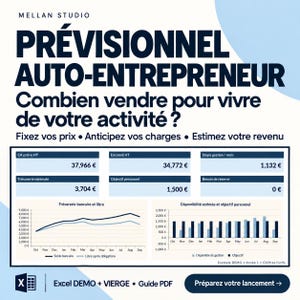 Puede incluir: Una plantilla de planificación financiera digital para emprendedores titulada PRÉVISIONNEL AUTO-ENTREPRENEUR de MELLAN STUDIO. Incluye tablas de datos para ingresos, gastos y flujo de caja, junto con gráficos de líneas y barras de rendimiento.