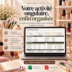 May include: A laptop displaying a Nail Business Manager Excel spreadsheet with financial data, surrounded by nail polish bottles and brushes. Text reads: Mellan Studio, Votre activité ongulaire, enfin organisée, and Guide d'utilisation.