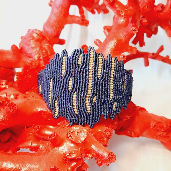Coral Macrame Bracelet With Gold-One Of A Kind Handknotted Lewelry-Luxury Accessory-Boho Style-Wide Marame Cuff-Art Of Macrame-Unique Gift