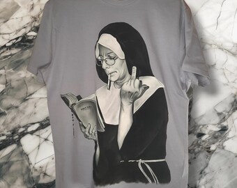 Nun handpainted unisex cotton tshirt/Fiber arts shirt