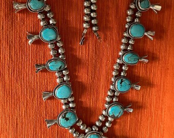 Sterling Silver and Turquoise Native American Squash Blossom Necklace