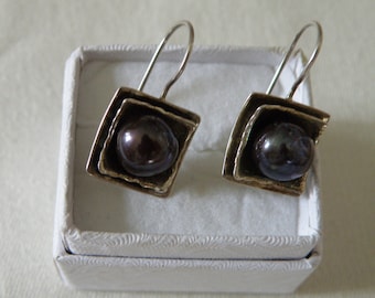 Tahitian Aubergine Eggplant Pearl Sterling Silver Earrings with French Back - 8 mm Pearl