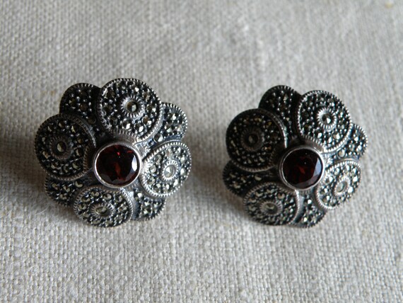 Awesome Sterling Silver Marcasite Garnet Earrings