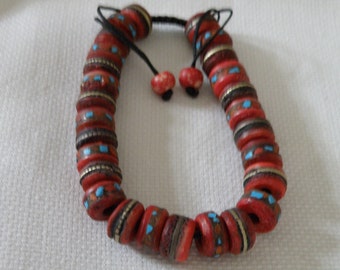 Red Glass Trade Bead Bracelet with Silver and Turquoise Inlay - 8 inch with Adjustable Cord