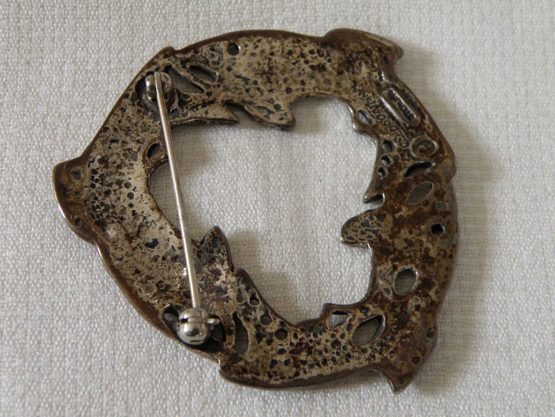 Overlay Modernist Sterling Silver Swimming Fish Pin marked sterling and signed