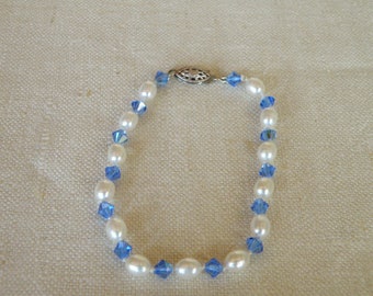 Lustrous Pearl and Crystal Bracelet with Sterling Clasp - 7 1/2 inch