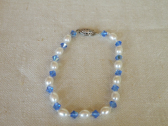 Lustrous Pearl and Crystal Bracelet with Sterling… - image 1