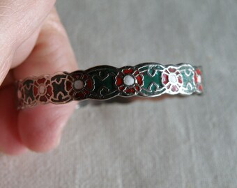 Vintage Silver Child Inlay Enamel Bangle - Green and Red