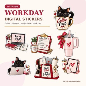 Puede incluir: Un conjunto de 20 pegatinas digitales con ilustraciones de gatos negros, tazas de café, portátiles, tabletas y agendas. Los diseños incluyen textos como Coffee First, Focus Mode, Today's Plan, Fuel Good Days y Small Steps Big Progress en rojo y negro.
