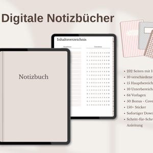 Könnte beinhalten: Digitale Notizbücher mit dem Text Digitale Notizbücher, dargestellt auf einem Tablet mit Inhaltsverzeichnis und einer Titelseite mit der Aufschrift Notizbuch. Enthält kleine Symbole von drei gemusterten Notizbüchern und eine Liste der Funktionen.