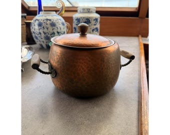 Vintage Stockli Netstal, kuty miedziany garnek z pokrywką i drewnianymi uchwytami